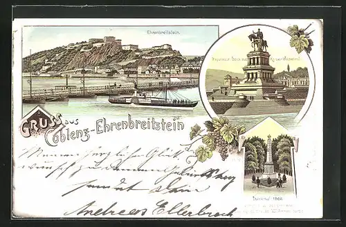 Lithographie Coblenz-Ehrenbreitstein, Provinzial Denkmal Kaiser Wilhelm I, Denkmal 1866