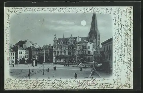 Mondschein-AK M.-Gladbach, Der Mond über den alten Markt