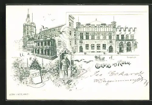 Lithographie Köln, Ansicht des Rathauses, Grürzenich und Wache im Häuschen