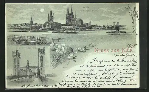 Mondschein-Lithographie Köln, Flusspartie von der Schiffbrücke, Eisenbahnbrücke