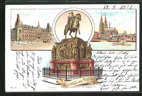 Lithographie Köln, Flusspartie mit Blick auf den Dom, Denkmal Fr. Wilhelm III.