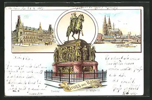 Lithographie Köln am Rhein, Denkmal Fr. Wilhelm III, Blick auf die Post