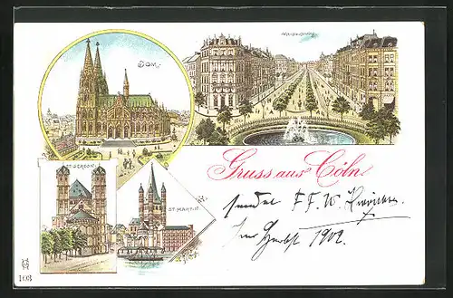 Lithographie Köln, Dom, St. Gereon, St. Martin, Hohenslaufenring