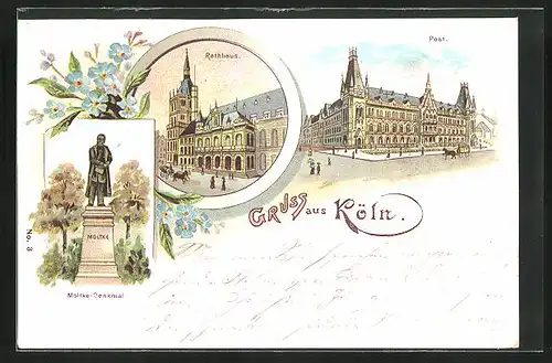 Lithographie Köln, Moltke-Denkmal, Rathaus, Post mit Pferdekutsche