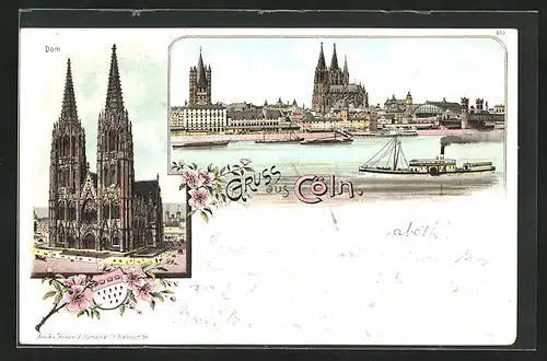 Lithographie Köln, Flusspartie mit Blick auf dem Dom