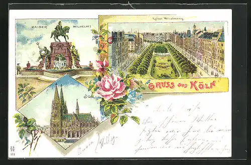 Lithographie Köln, Kaiser Wilhelm-Denkmal, Dom, Kaiser Wilhelmring