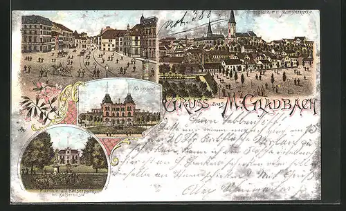 Lithographie M.-Gladbach, Partie a. d. Kaiserpark mit Kaiserbüste