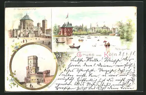 Lithographie Köln a. Rhein, Bayenturm, Volksgarten, St. Gereonskirche