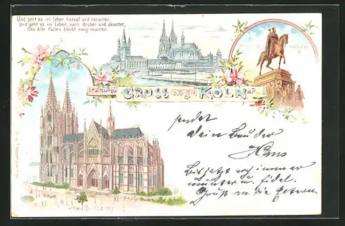 Lithographie Köln, Dom von der Südseite, Friedrich Wilhelm III. Denkmal