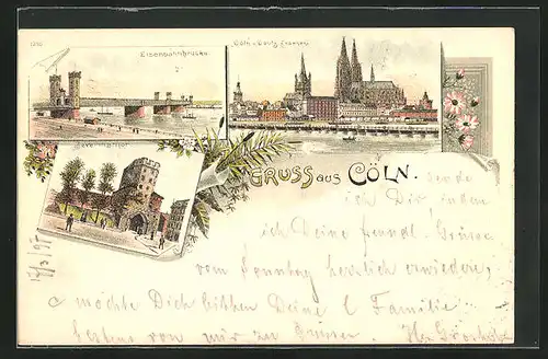 Lithographie Köln, Eisenbahnbrücke, Severinsthor, Flusspartie mit Blick auf den Dom