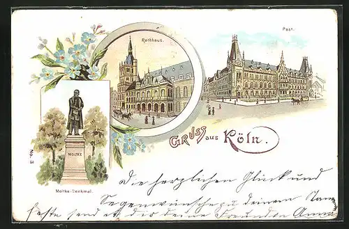 Lithographie Köln a. Rhein, Moltke-Denkmal, Blick auf die Post