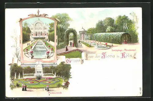 Lithographie Köln-Riehl, Vorderansicht der Flora, Laubgänge u. Floratempel