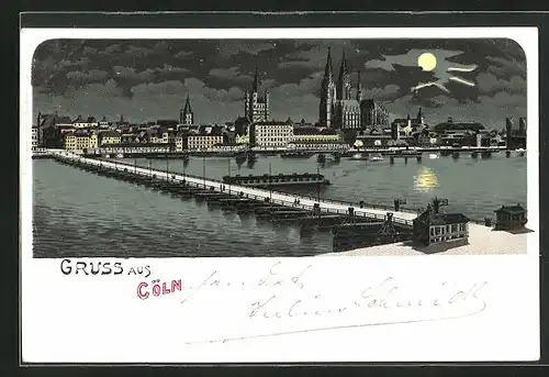 Mondschein-Lithographie Köln, Die Stadt mit Dom bei Nacht