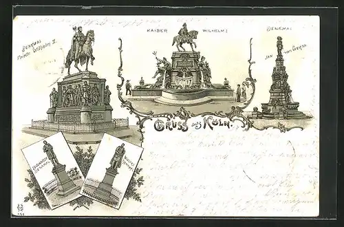 Lithographie Köln, Kaiser Wilhelm I. Denkmal, Jan van Werth-Denkmal