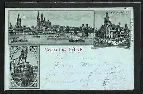 Mondschein-Lithographie Köln, Flusspartie mit Blick auf den Dom, Monument Freidrich Wilhelm III.