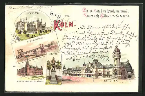 Lithographie Köln, Feste Brücke, Moltke-Denkmal, Neues-Post-Gebäude