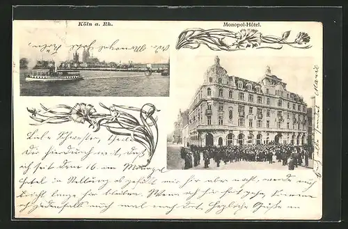 AK Köln a. Rhein, Monopol-Hotel, Flusspartie mit Blick auf Dampfschiffe