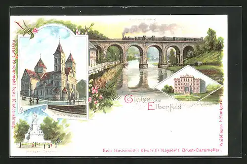 Lithographie Elberfeld, Wupper-Viadukt, Krieger-Denkmal, Marien-Kirche