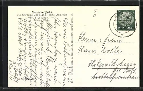 AK Köln, Innenansicht des Restaurants Fürstenbergbräu, Brückenstrasse 1-3