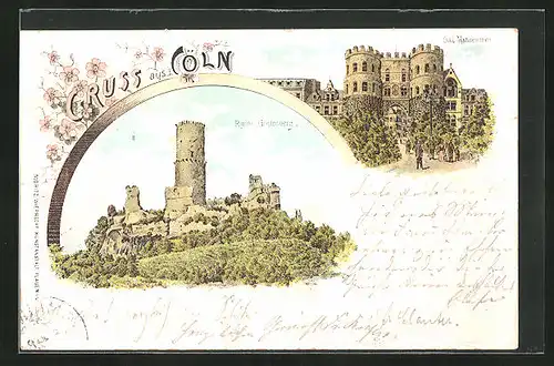 Lithographie Köln, Ruine Godesberg, Hahnentor