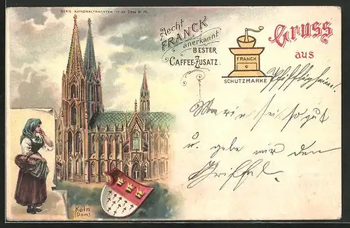 Lithographie Köln, Blick auf den Dom und Stadtwappen