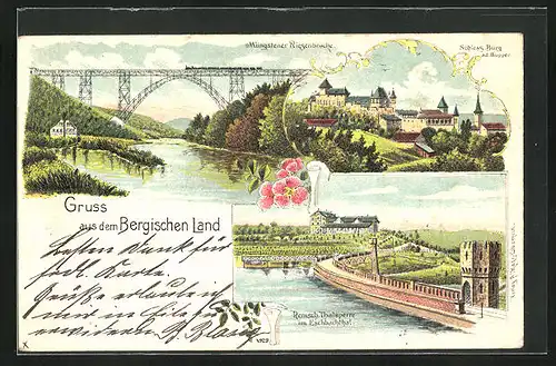 Lithographie Solingen-Burg, Schloss Burg, Müngstener Riesenbrücke
