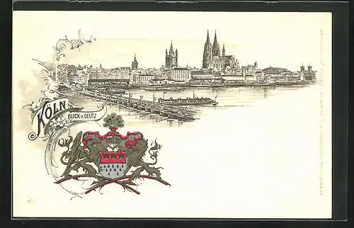 Lithographie Köln, Blick v. Deutz auf den Dom