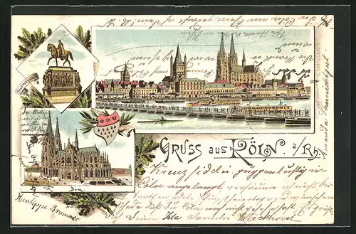 Lithographie Köln, Friedrich Wilhelm-Denkmal, Flusspartie mit Blick auf den Dom