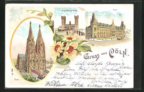 Lithographie Köln, Eisenbahnbrücke, Post, Dom