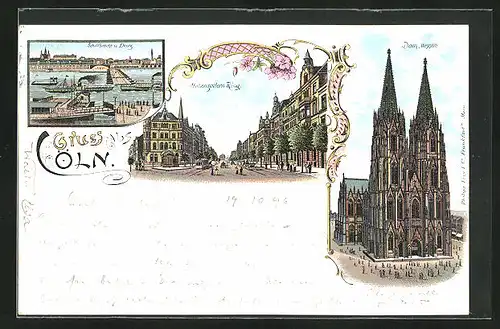 Lithographie Köln, Hohenzollern-Ring, Dom von der Westseite, Schiffbrücke und Deutz