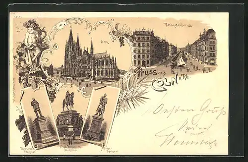 Lithographie Köln a. Rhein, Bismark-Denkmal, Moltke-Denkmal, Hohenstaufenring