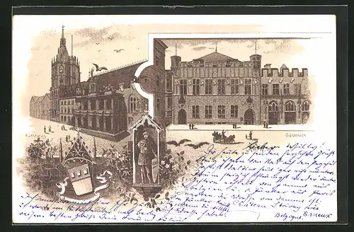 Lithographie Köln, Gürzenich, Rathaus, Wache im Häuschen