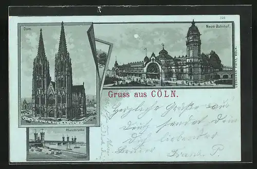 Mondschein-Lithographie Köln, Rheinbrücke, Neuer Bahnhof und Dom bei Nacht