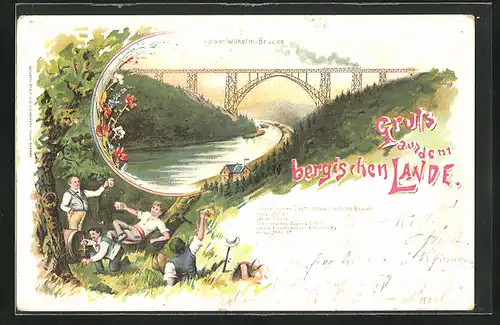 Lithographie Müngsten, Kaiser Wilhelm-Brücke mit feiernden Männern