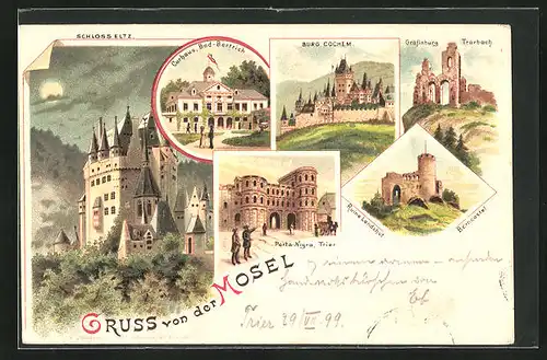 Lithographie Trier, Porta-Nigra, Ruine Landshut, Burg Cochem