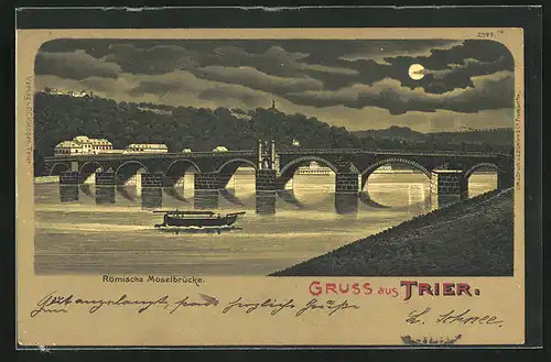 Mondschein-Lithographie Trier, Römische Moselbrücke mit Segelboot in der Nacht