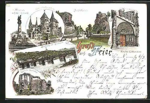 Lithographie Trier, Dom mit Liebfrauenkirche, Moselbrücke und Mariensäule, Amphitheater