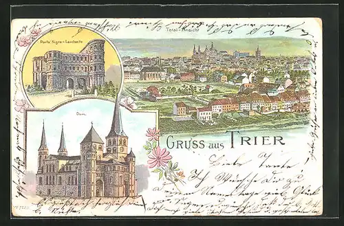 Lithographie Trier, Porta Nigra Landseite, Blick auf den Dom, Totalansicht der Stadt