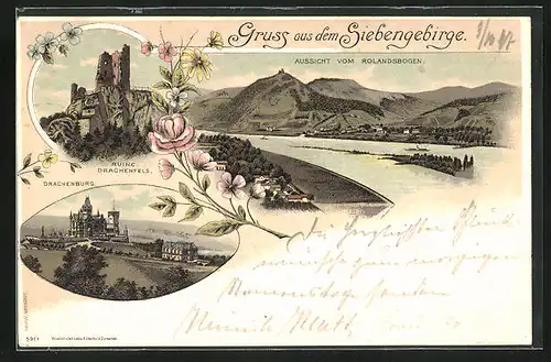 Lithographie Königswinter, Ruine Drachenfels, Drachenburg, Aussicht vom Rolandsbogen