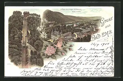 Lithographie Bad Ems, Hotel z. d. vier Türmen, Neue Kirche, Malbergbahn