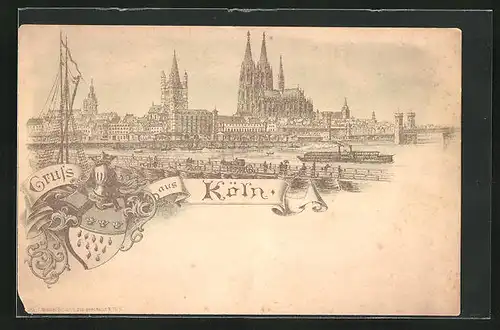 Lithographie Köln, Flusspartie mit Blick auf den Dom und Stadtwappen