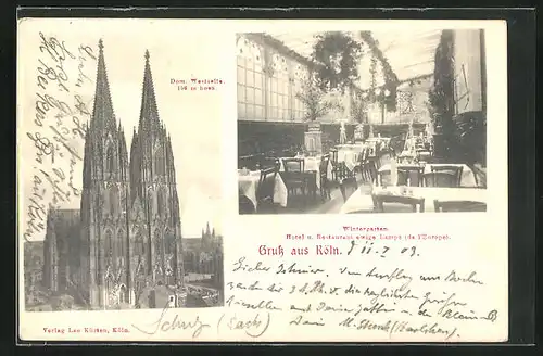 AK Köln, Hotel und Restaurant Ewige Lampe, Innenansicht des Wintergartens, Dom von der Westseite