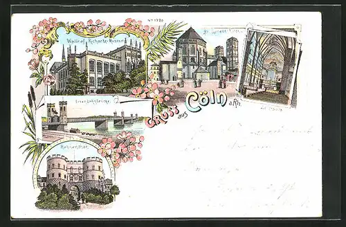 Lithographie Köln, Eisenbahnbrücke, Hahnenthor, St. Ursula, St. Gereon-Kirche