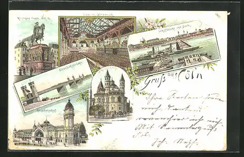 Lithographie Köln, Saal im Gürzenich, St. Apostelkirche, Schiffbrücke und Deutz