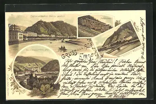 Lithographie Bad Ems, Malbergbahn, Kursaal u. Promenade, Ems v. Schweizerhaus gesehen