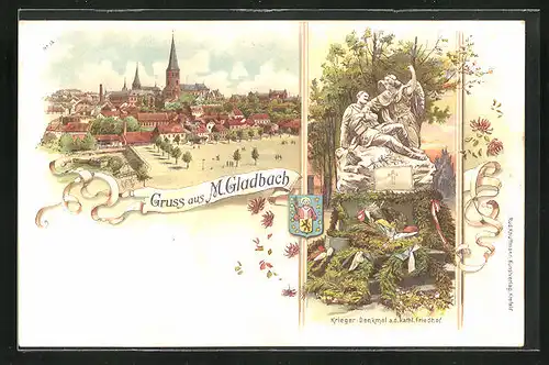 Lithographie Mönchengladbach, Krieger-Denkmal a. d. kathl. Friedhof, Teilansicht der Stadt