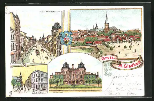 Lithographie Mönchengladbach, Untere Krefelderstrasse, Bahnhofstrasse, Kaiserbad