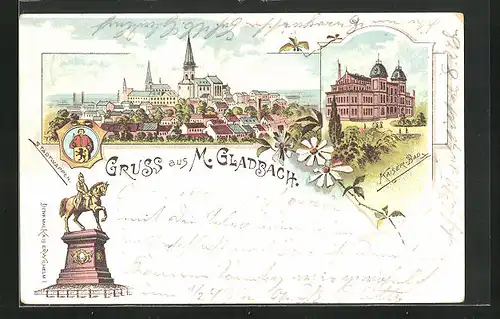 Lithographie Mönchengladbach, Stadtwappen, Denkmal Kaiser Wilhelm I., Kaiserbad