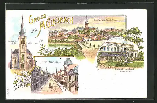 Lithographie Mönchengladbach, Geroplatz mit Münsterkirche, St. Josephs-Kirche a. Hermges