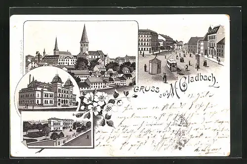 Vorläufer-Lithographie Mönchengladbach, 1895, Teilansicht, Marktplatz